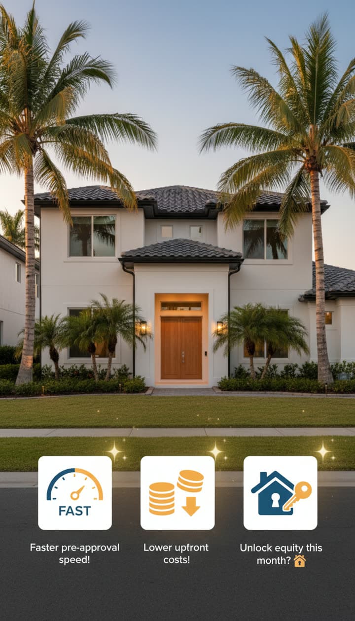 Branded promo post: Florida home at golden hour with three benefit badges for faster pre-approval speed, lower upfront costs, and unlocking equity
